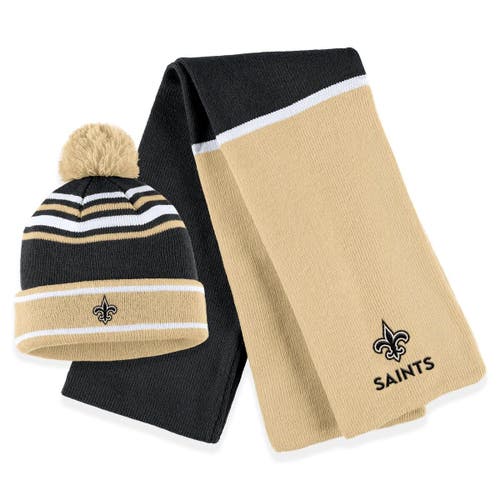 Women's WEAR by Erin Andrews Black New Orleans Saints Colorblock Cuffed Knit Hat with Pom and Scarf Set
