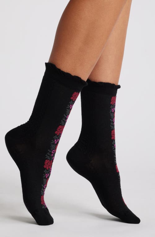 Oroblu Floral Line Crew Socks in Black/Red 