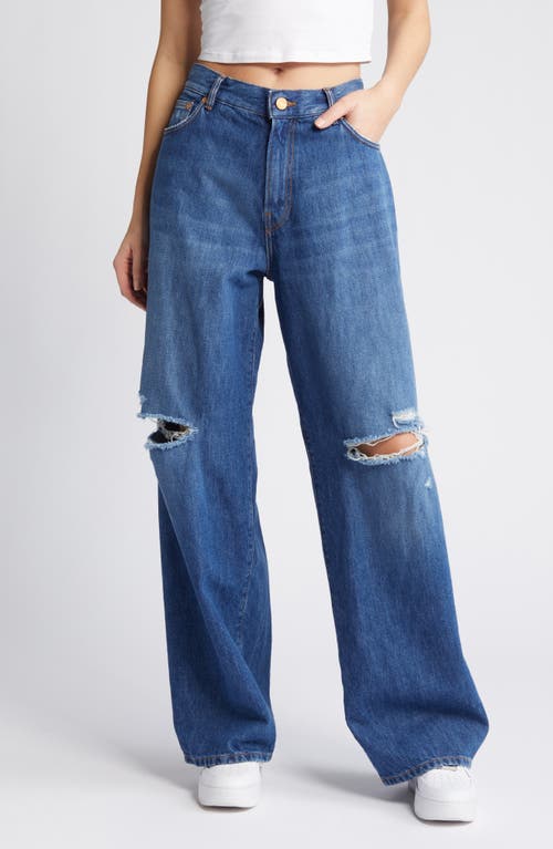 Ripped Baggy Wide Leg Jeans in Mid Indigo