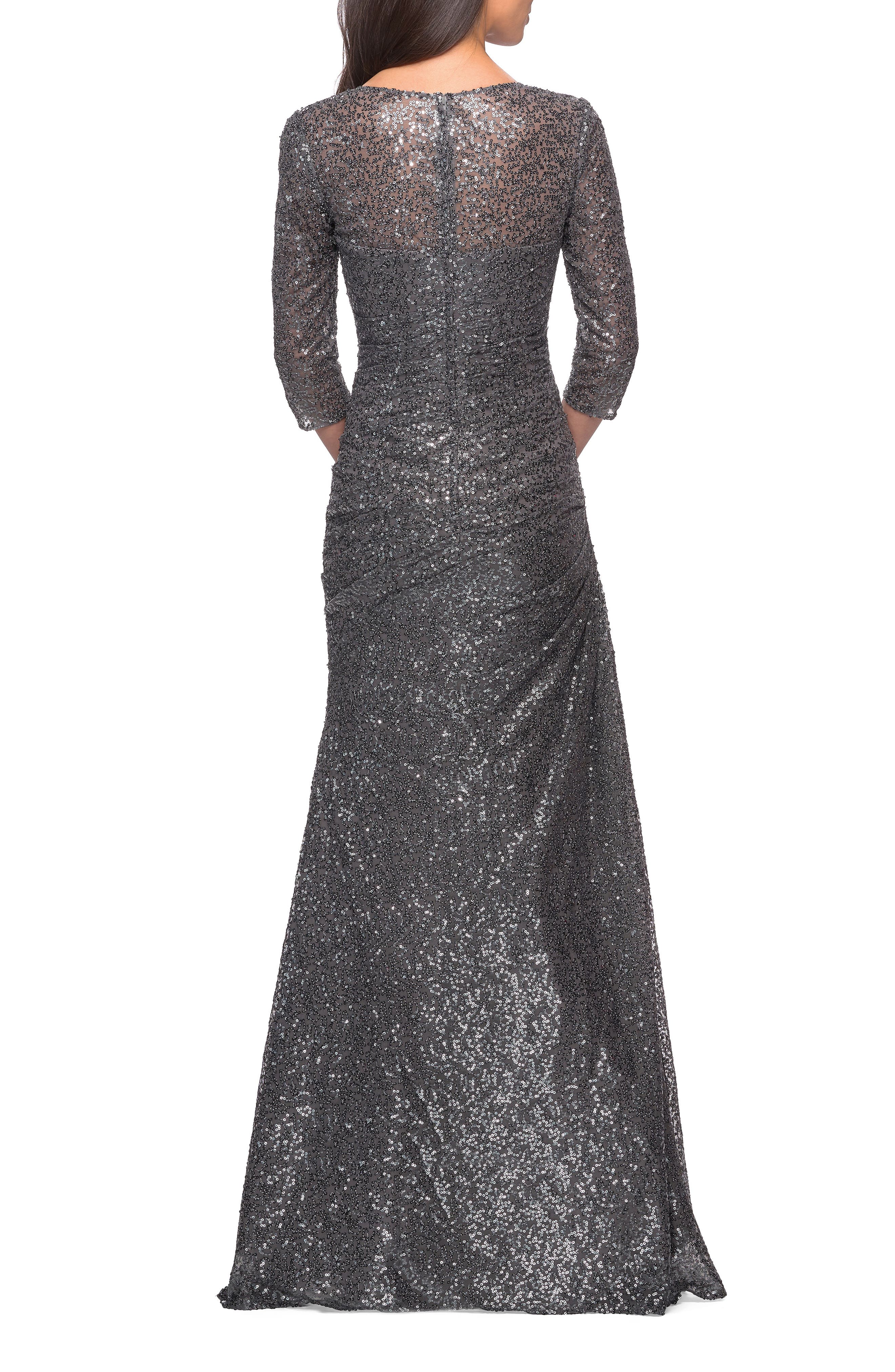 La Femme Ruched Sequin Trumpet Gown 