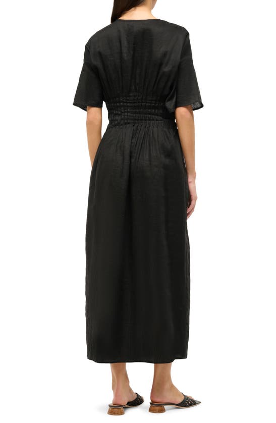 Shop Staud Lauretta Pleated Waist Linen Maxi Dress In Black