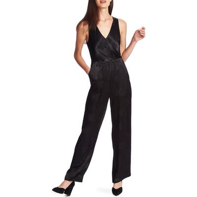 1.state Floral Satin Jacquard Cross Front Jumpsuit, Black