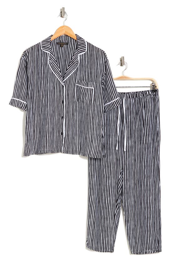 Donna Karan Print Capri Knit Pajamas In Black Stripe