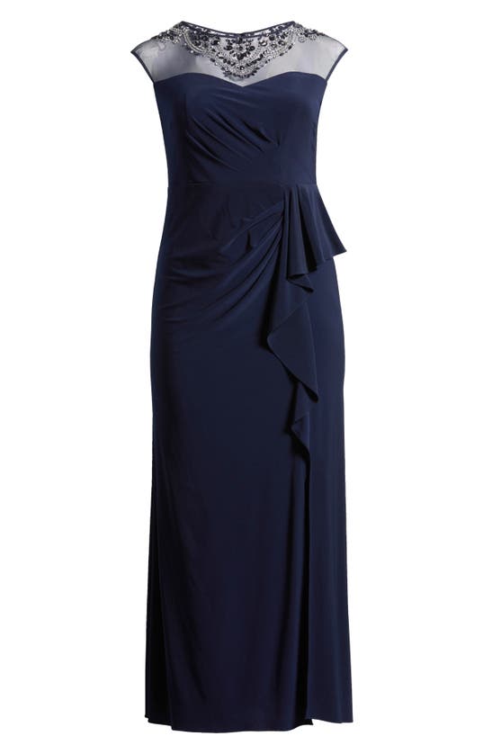 Shop Alex Evenings Illusion Neck Cap Sleeve Gown In Navy
