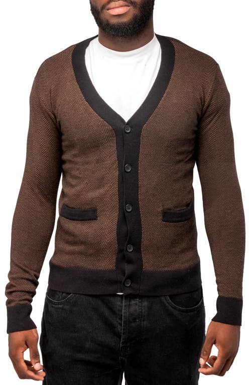 Shop X-ray Xray Herringbone V-neck Button Front Cardigan In Sienna/black