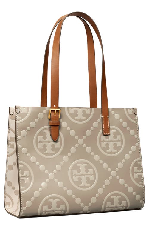 Shop Tory Burch Small T Monogram Contrast Embossed Tote In Longan/new Cream