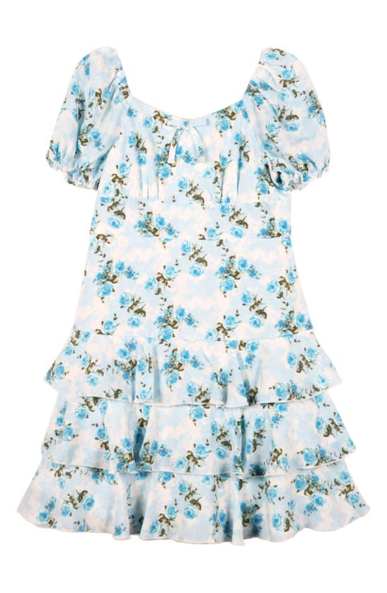 Shop Zunie Kids' Floral Puff Sleeve Ruffle Tiered Dress In Blue Floral