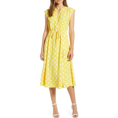 Anne Klein Polka Dot Drawstring Midi Dress, Yellow