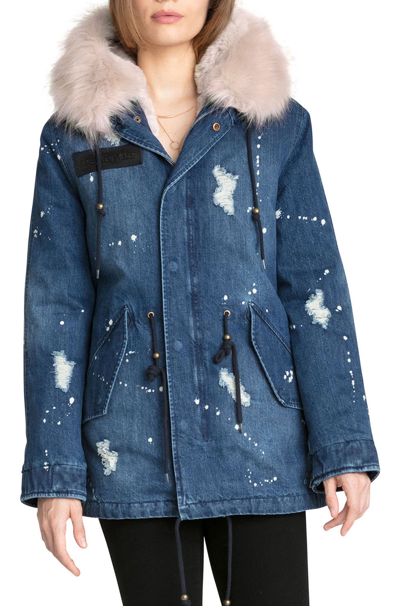 avec les filles faux fur trim denim parka