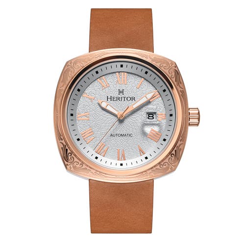 Heritor Automatic Davenport Engraved-case Leather-band Watch W/ Date In Rose Gold/light Brown