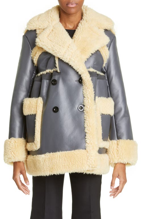 Sacai Double Breasted Faux Shearling Coat in Grey/Yellow