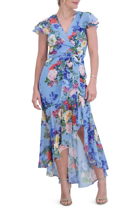 Floral Double Flutter Sleeve High-Low Dress