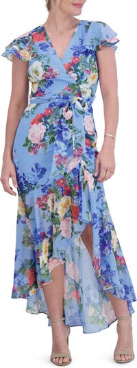 Eliza J Floral Double Flutter Sleeve High-Low Dress | Nordstrom