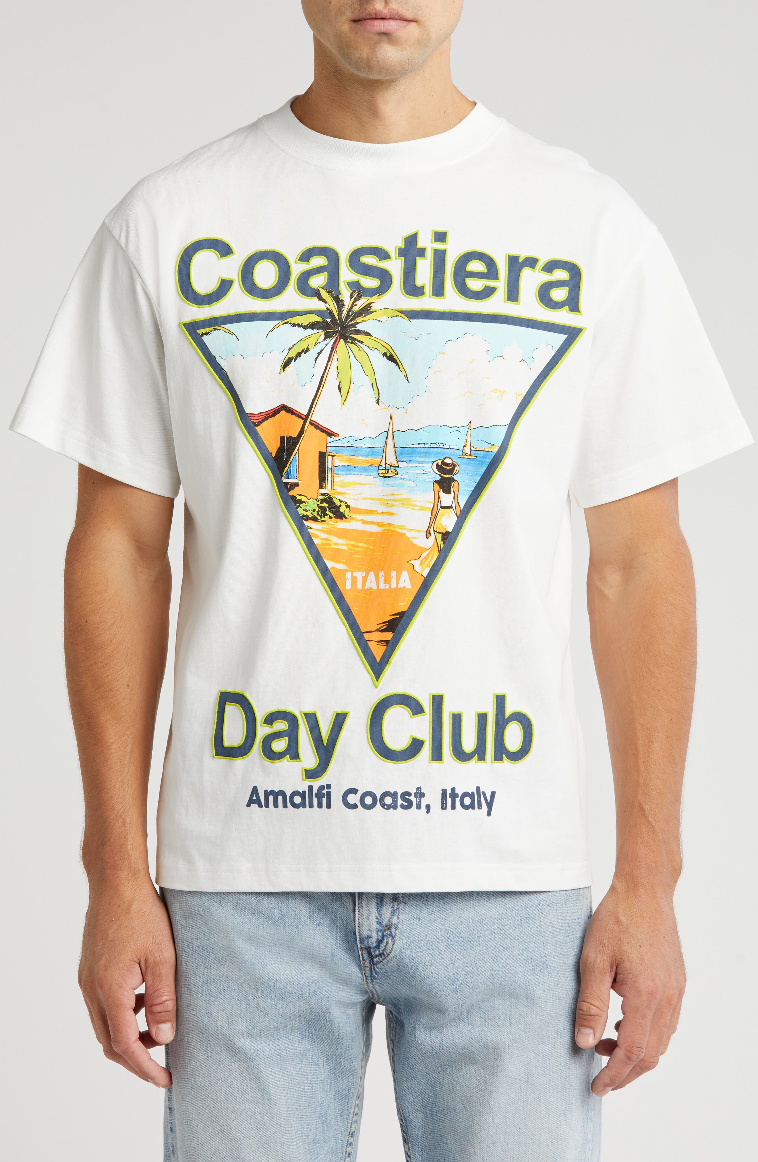 ID Supply Co Coastiera Day Club Oversize Embroidered Graphic T-Shirt in White 