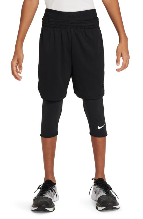 Shop Nike Kids' Pro Dri-fit 3/4 Workout Tights In Black/black/white