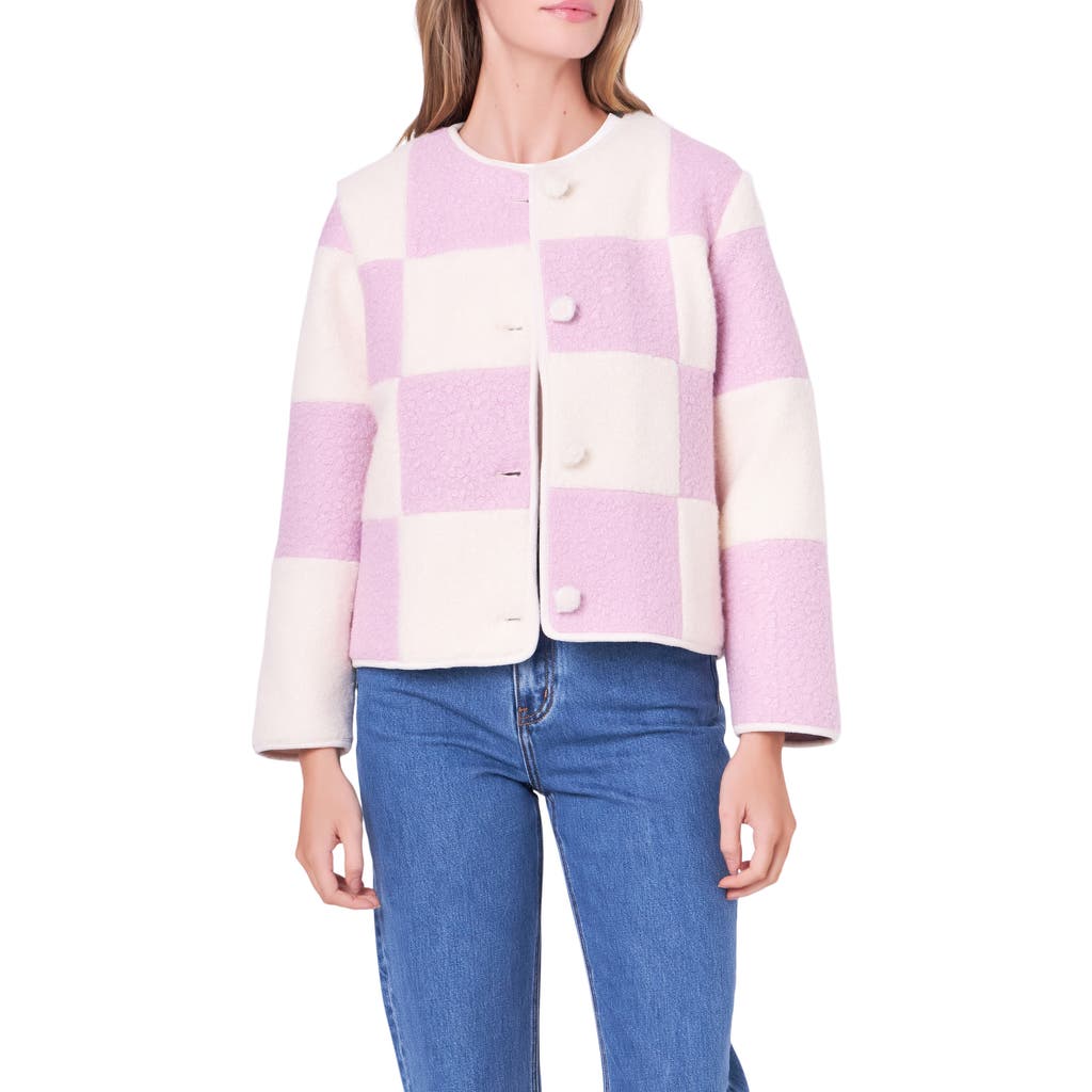 English Factory Women's Shearling Check Cardigan In Lilac/cream