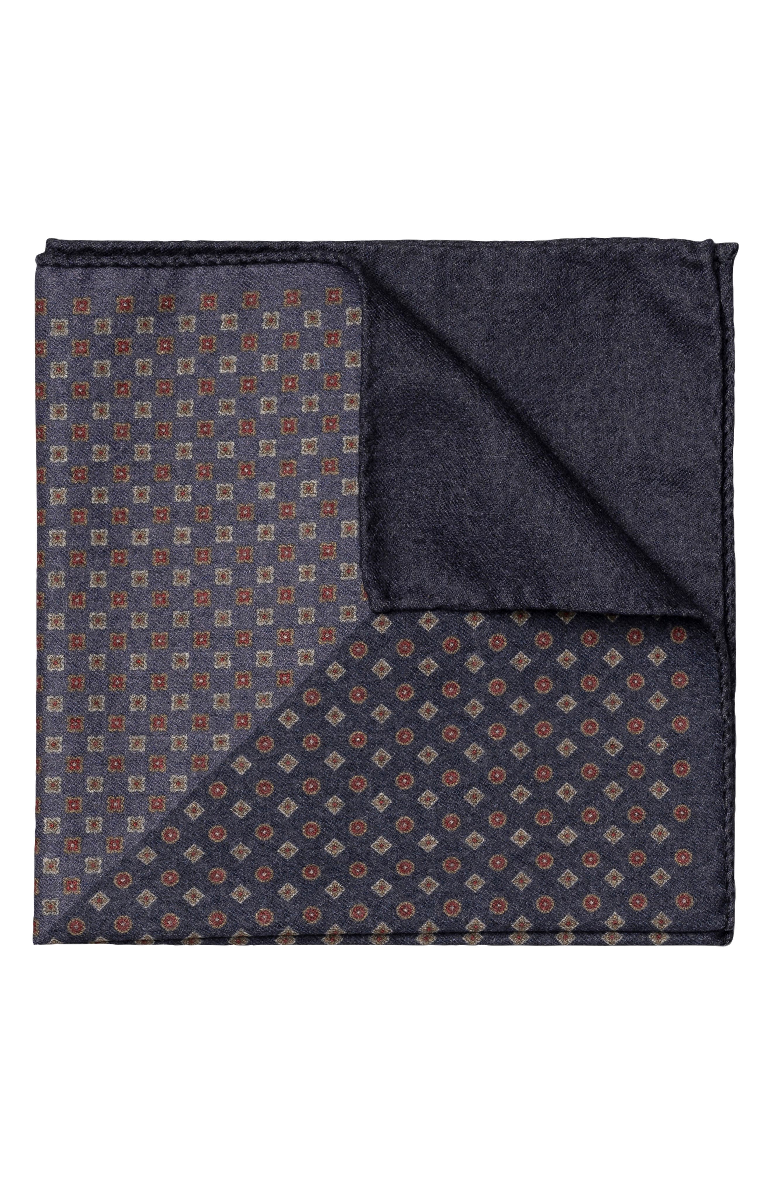 Eton Reversible Solid & Neat Wool Flannel Pocket Square in Navy 
