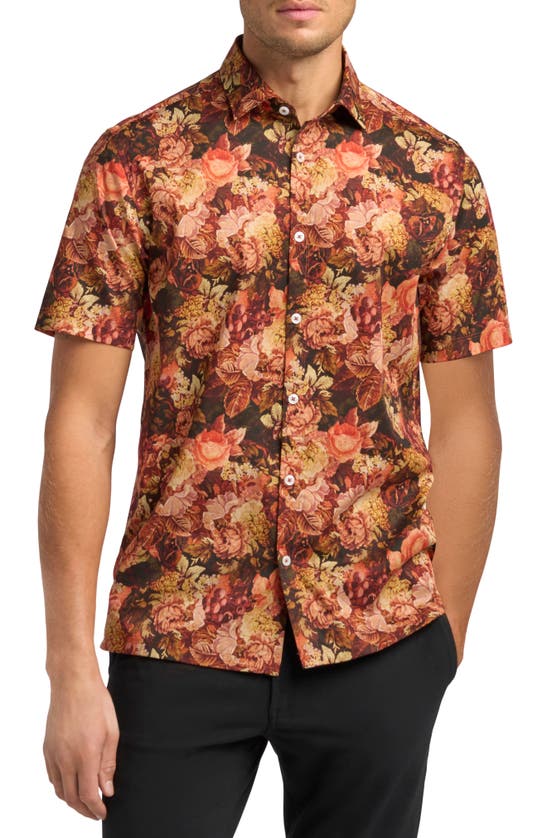 Good Man Brand Big On-point Short Sleeve Stretch Organic Cotton Button-up Shirt In Red Tapestry Floral