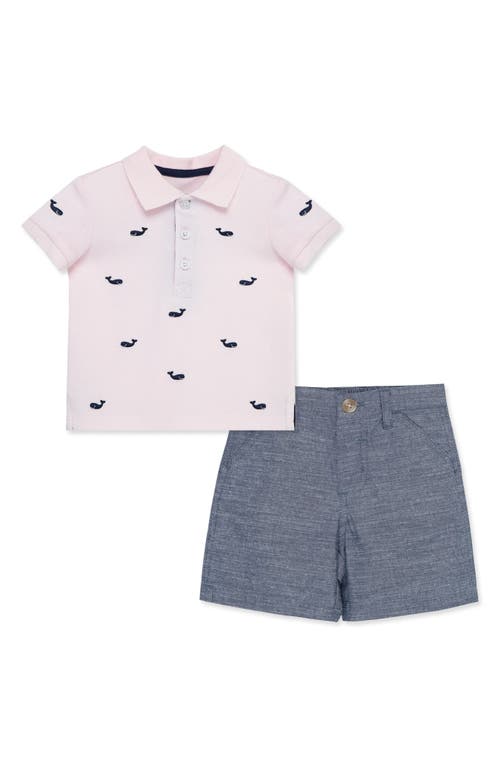 Little Me Whale Embroidered Polo & Slub Shorts Set Blue at Nordstrom,
