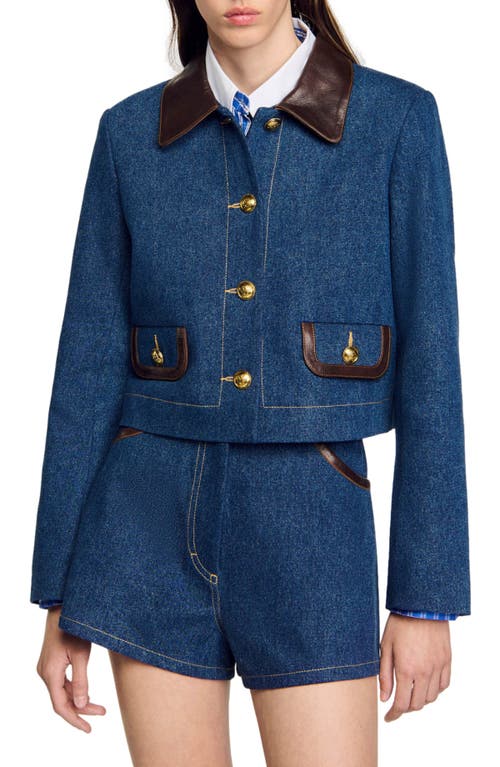 Shop Sandro Denim Jacket With Leather Collar In Blue