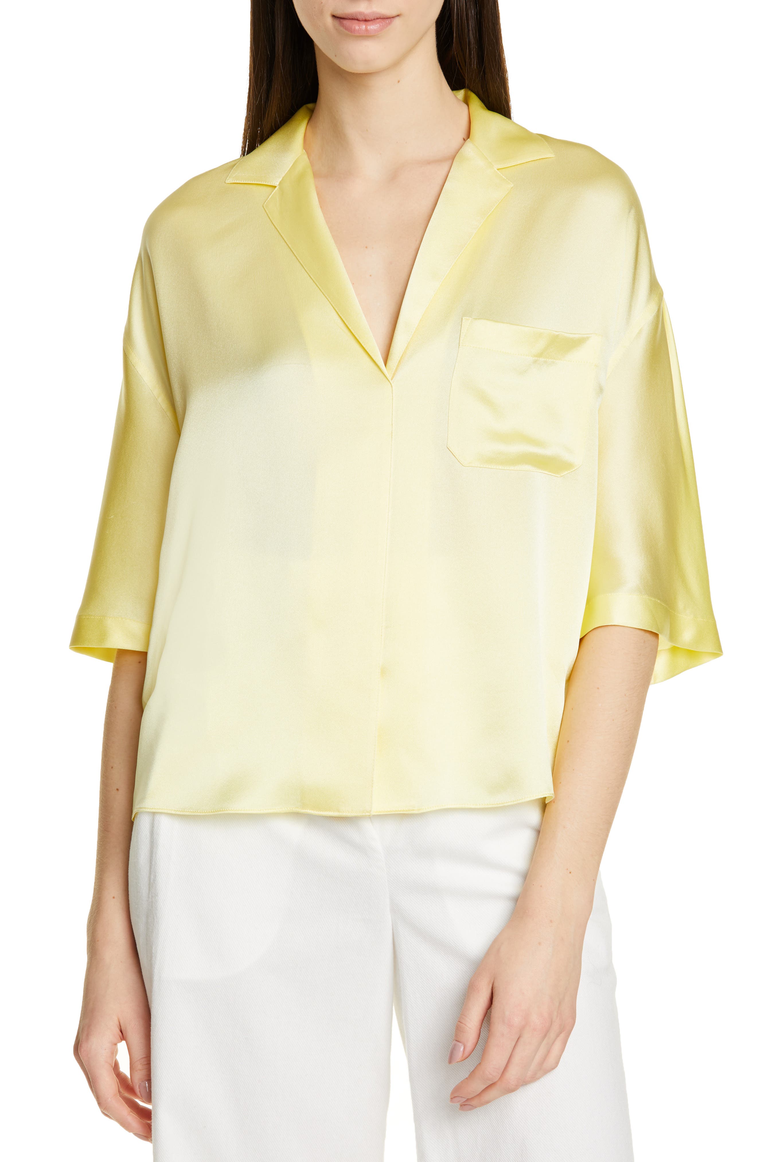 Vince Short Sleeve Silk Pajama Shirt, Yellow