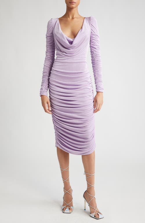 Ruched Long Sleeve Cowl Neck Midi Dress in Lilac