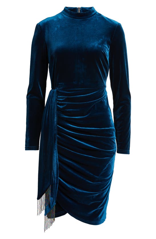 Shop Tahari Asl Beaded Drape Long Sleeve Stretch Velvet Sheath Dress In River Blue