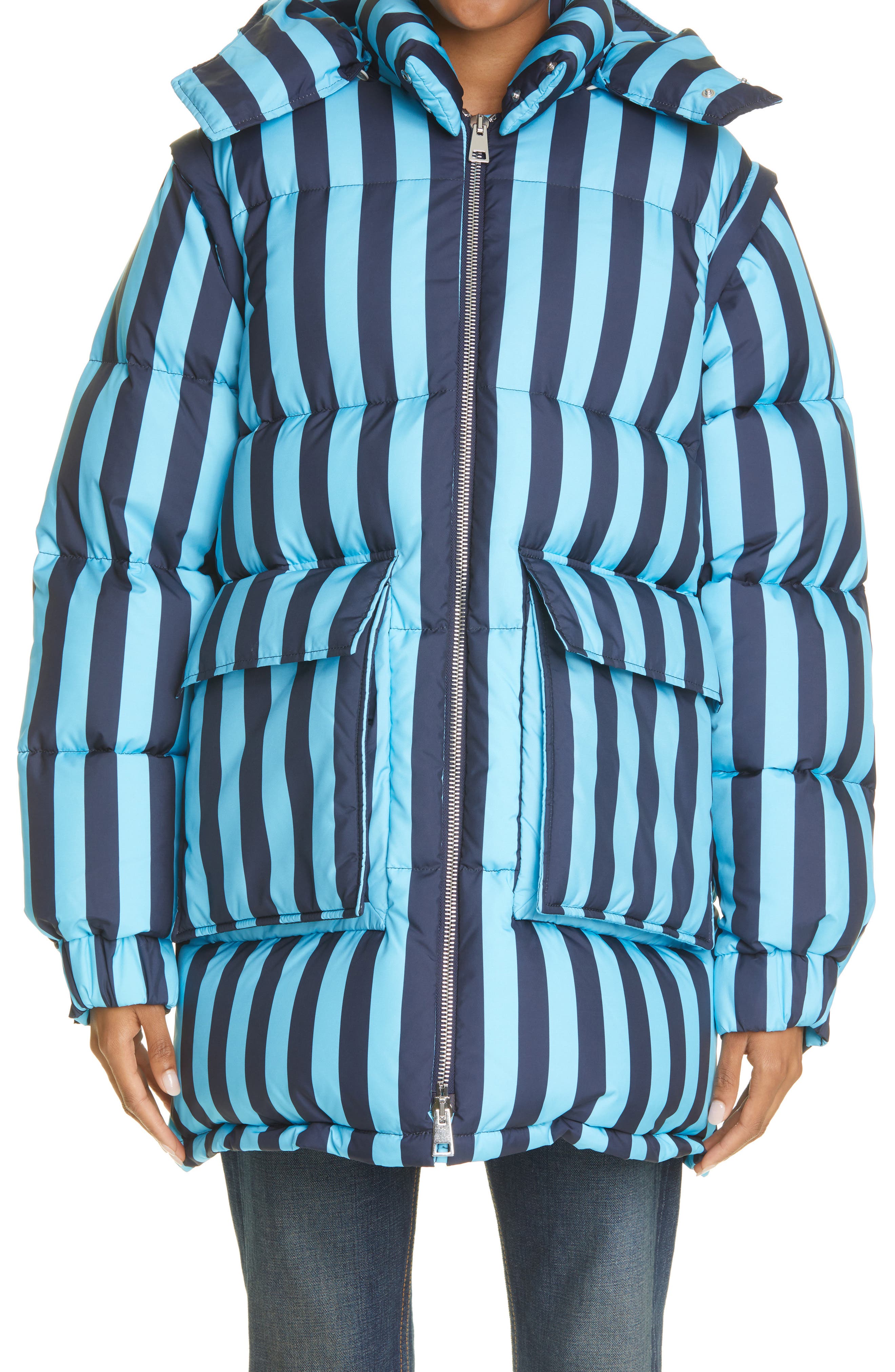 Sunnei Stripe Oversize Hooded Puffer Jacket in Blue And Azure Stripes