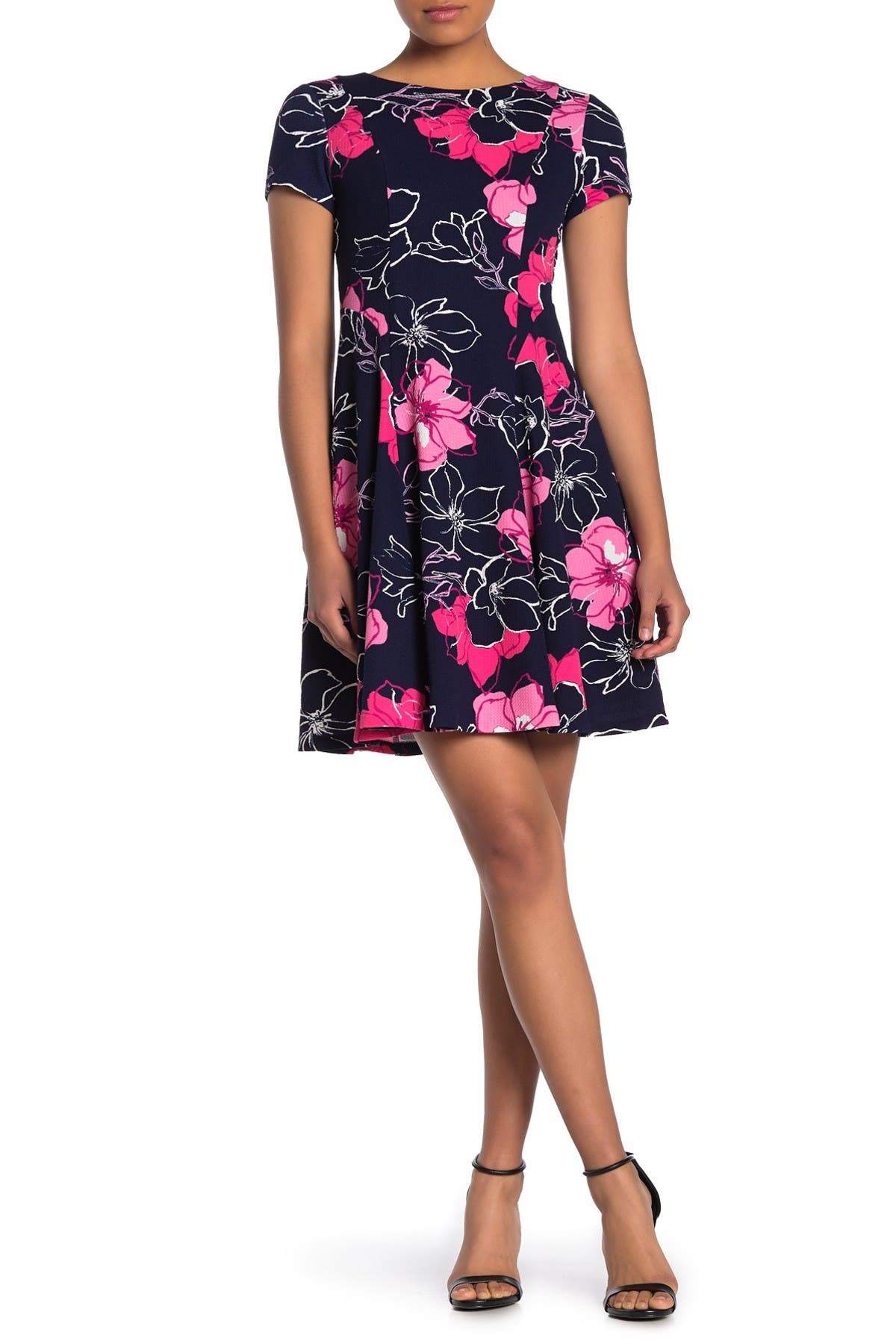 Eliza J Short Sleeve Floral Fit & Flare Dress In Nvy Pansy