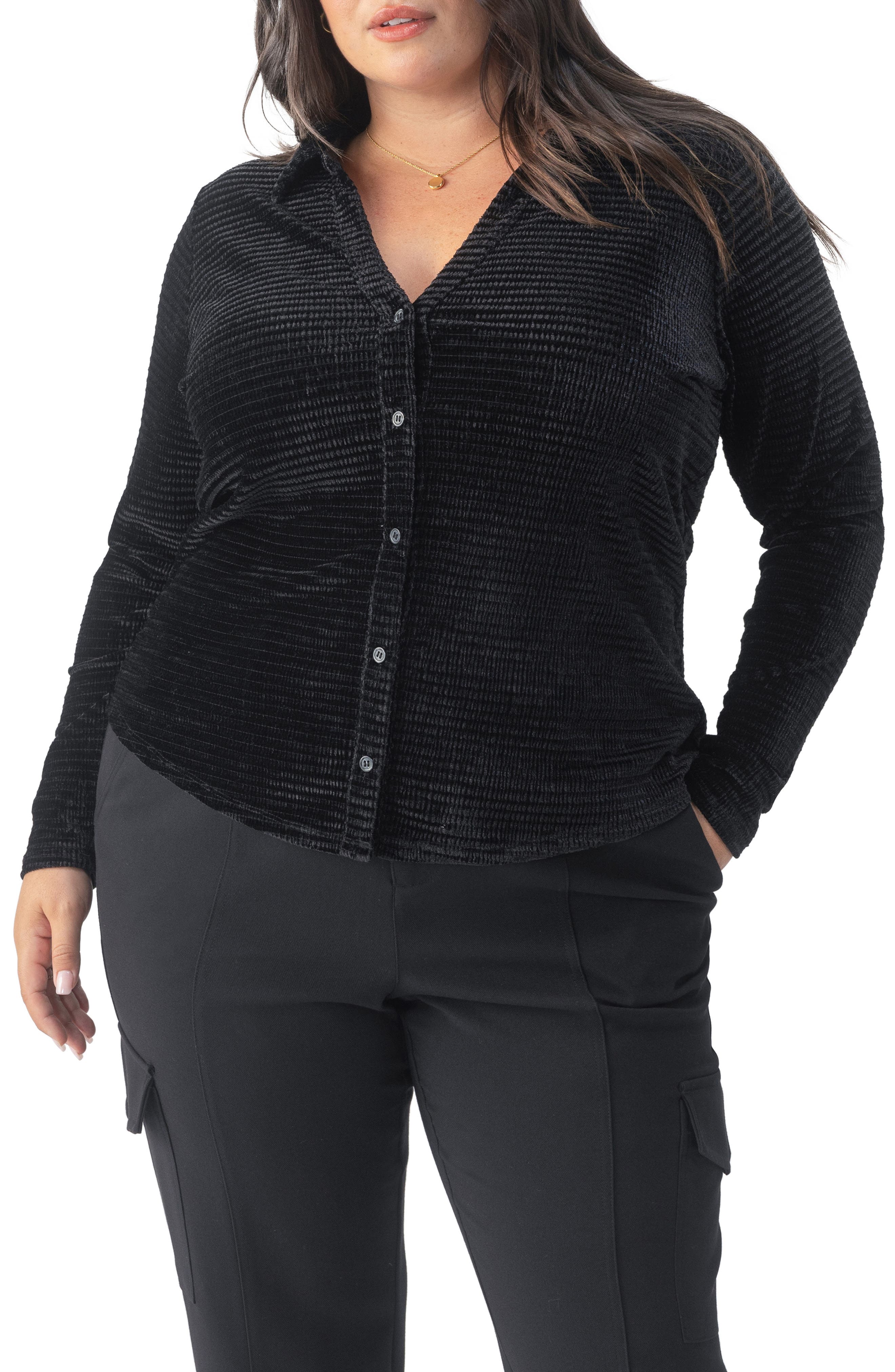 Sanctuary Textured Velvet Button-Up Shirt in Black 