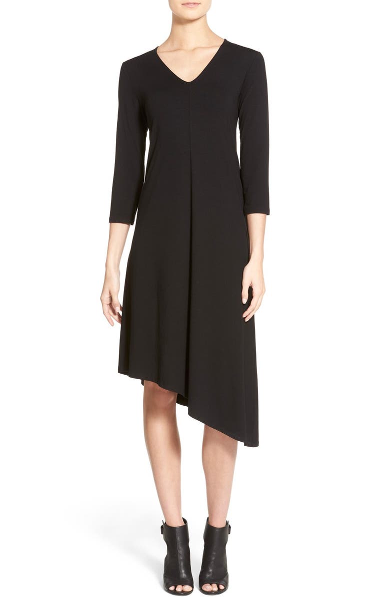 Eileen Fisher Deep V-Neck Jersey Asymmetrical Hem Dress (Regular ...