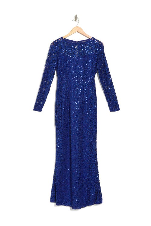Shop Marina Sequin Lace Long Sleeve Gown In Royal
