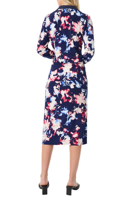 Shop Jones New York Floral Long Sleeve Collared Faux Wrap Midi Dress In Pacific Navy Multi