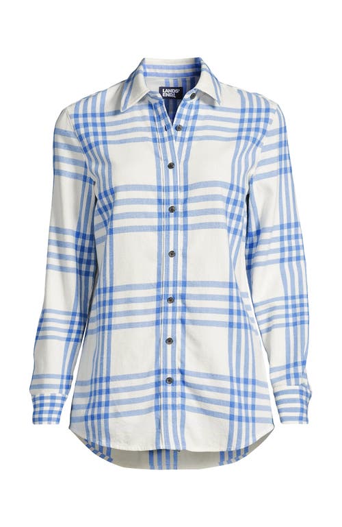 Shop Lands' End Plus Size Flannel Boyfriend Fit Long Sleeve Shirt In Ivory/vista Blue Plaid