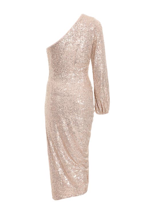 Quiz Sequin One Shoulder Midi Dress In Neutral