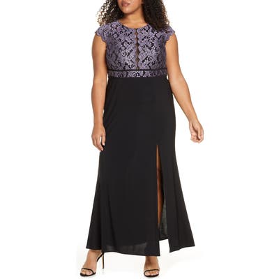 Plus Size Morgan & Co. Lace Bodice Slit Gown, Black