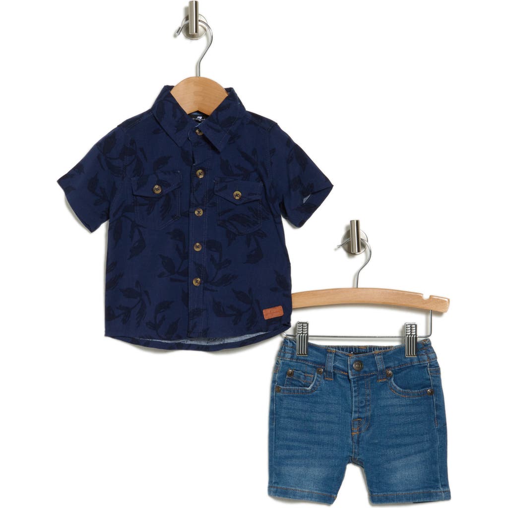 7 For All Mankind Kids'  Woven Shirt & Denim Shorts Set In Navy