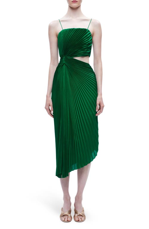 Alice + Olivia Fayeth Pleated Cutout Waist Cocktail Dress in Emerald