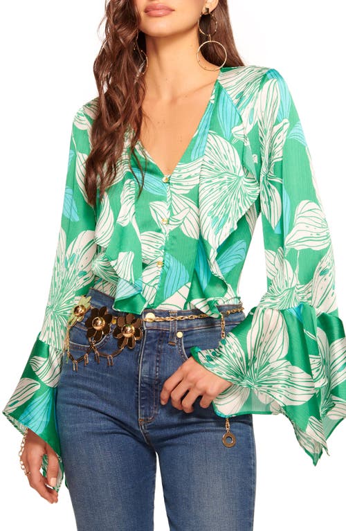 Savanna Floral Trumpet Sleeve Shirt in Sea Green Lily Print