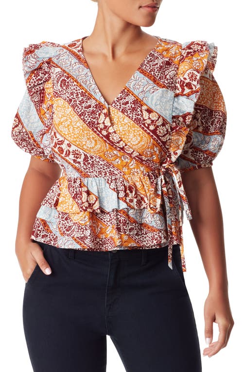 Sam Edelman Rina Print Puff Sleeve Peplum Top Fired Brick- Heritage Stripe at Nordstrom,