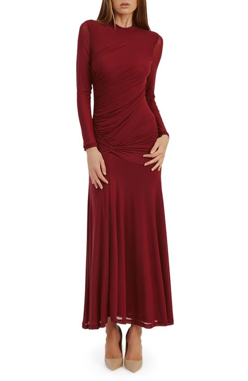 Shop Bardot Liyana Ruched Long Sleeve Mesh Maxi Dress In Burgundy