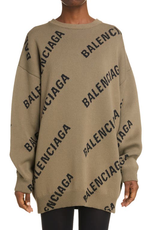 Balenciaga Logo Intarsia Oversize Crewneck Sweater In Brown