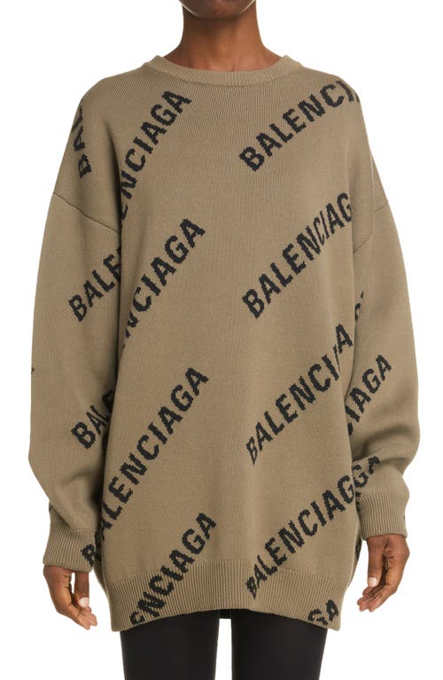 Balenciaga Logo Intarsia Oversize Crewneck Sweater In Light Brown/black