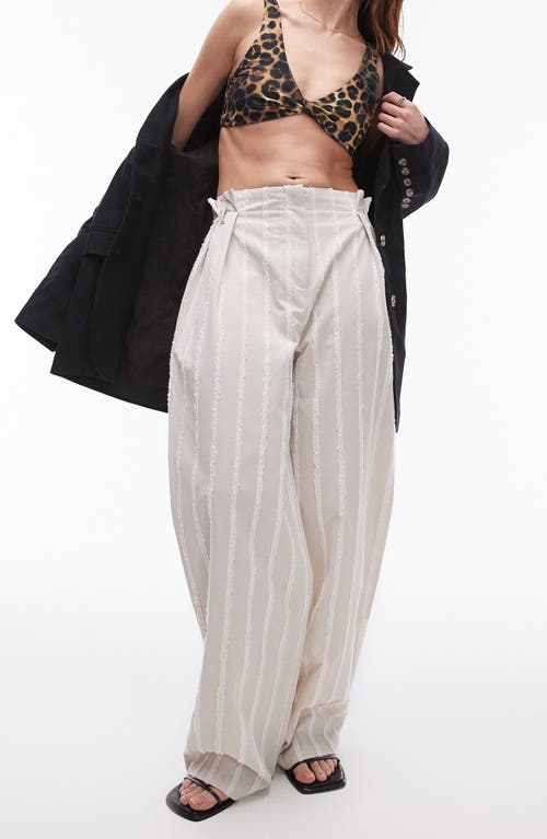 Shop Topshop Textured Stripe Wide Leg Pants In Stone