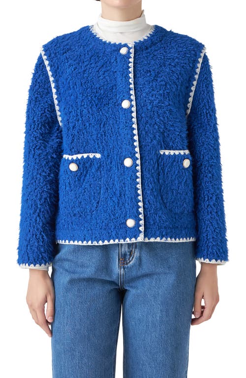 Shop English Factory Premium Contrast Trim Faux Shearling Jacket In Blue/white