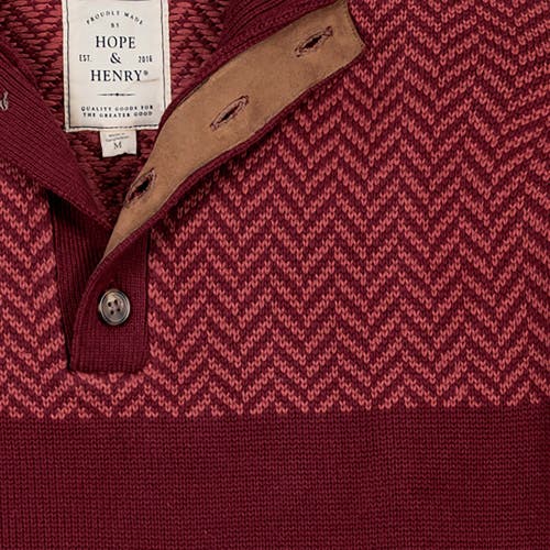 Hope & Henry Organic Mock Neck Button Sweater In Oxblood Herringbone
