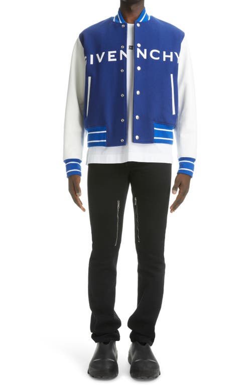 Mixed Media Logo Wool Blend Varsity Jacket in White/Blue