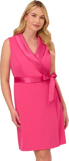 Satin Trim Crepe Faux Wrap Tuxedo Dress