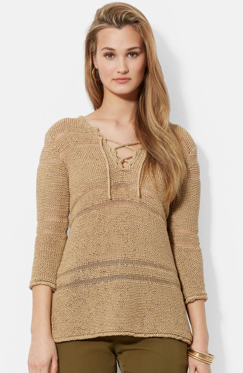 Lauren Ralph Lauren Lace-Up Cotton & Linen Blend Sweater | Nordstrom