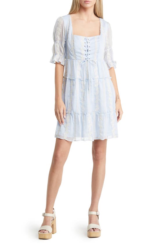 Adelyn Rae Meg Embroidered Lace-up Tiered Minidress In Baby Blue